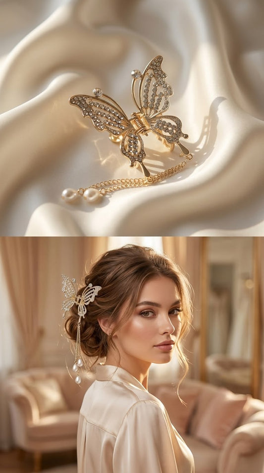 Gold butterfly hair clip with drop
