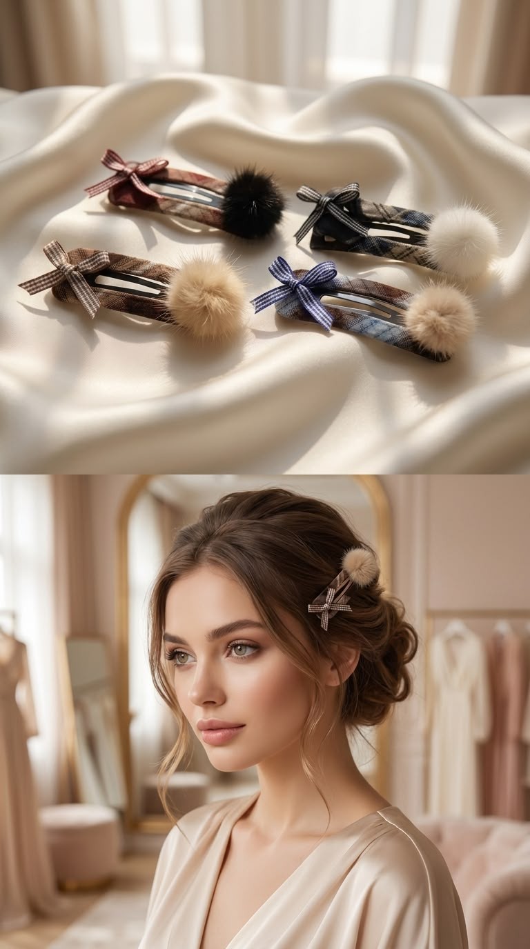 Pom-pom and bow hair clips