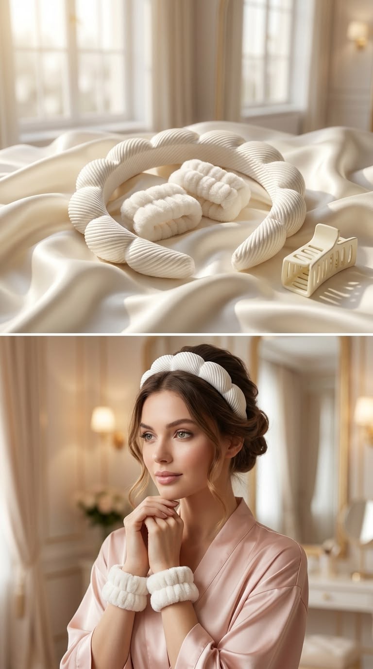Puffy headband and wrist scrunchie set (cream)