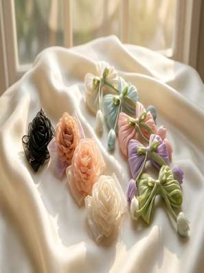 Rosette and bow clips with ribbon stems