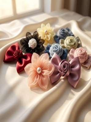 Satin bow and flower clips (design 12)