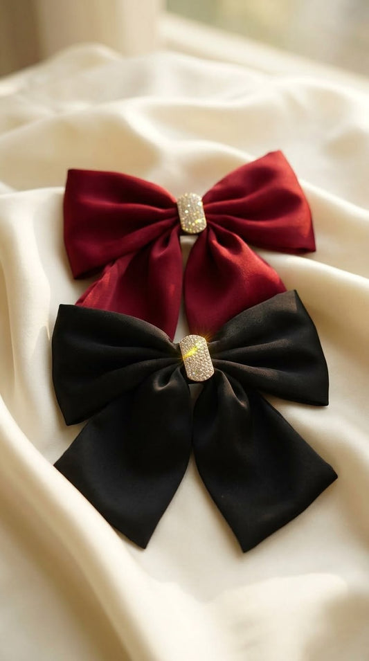 Satin bow clips with rhinestone centre