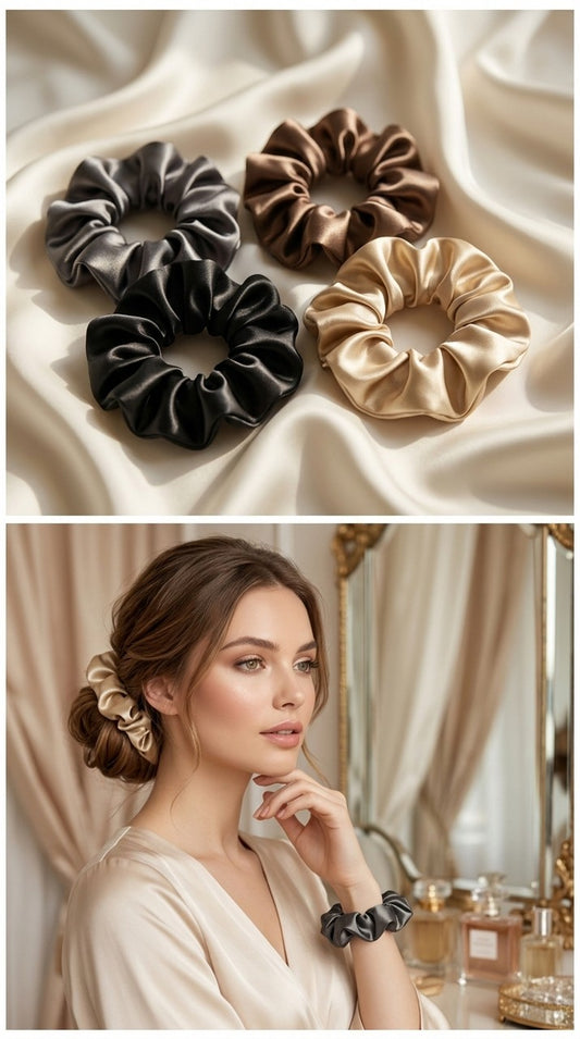 Satin scrunchies (black, brown, gold)