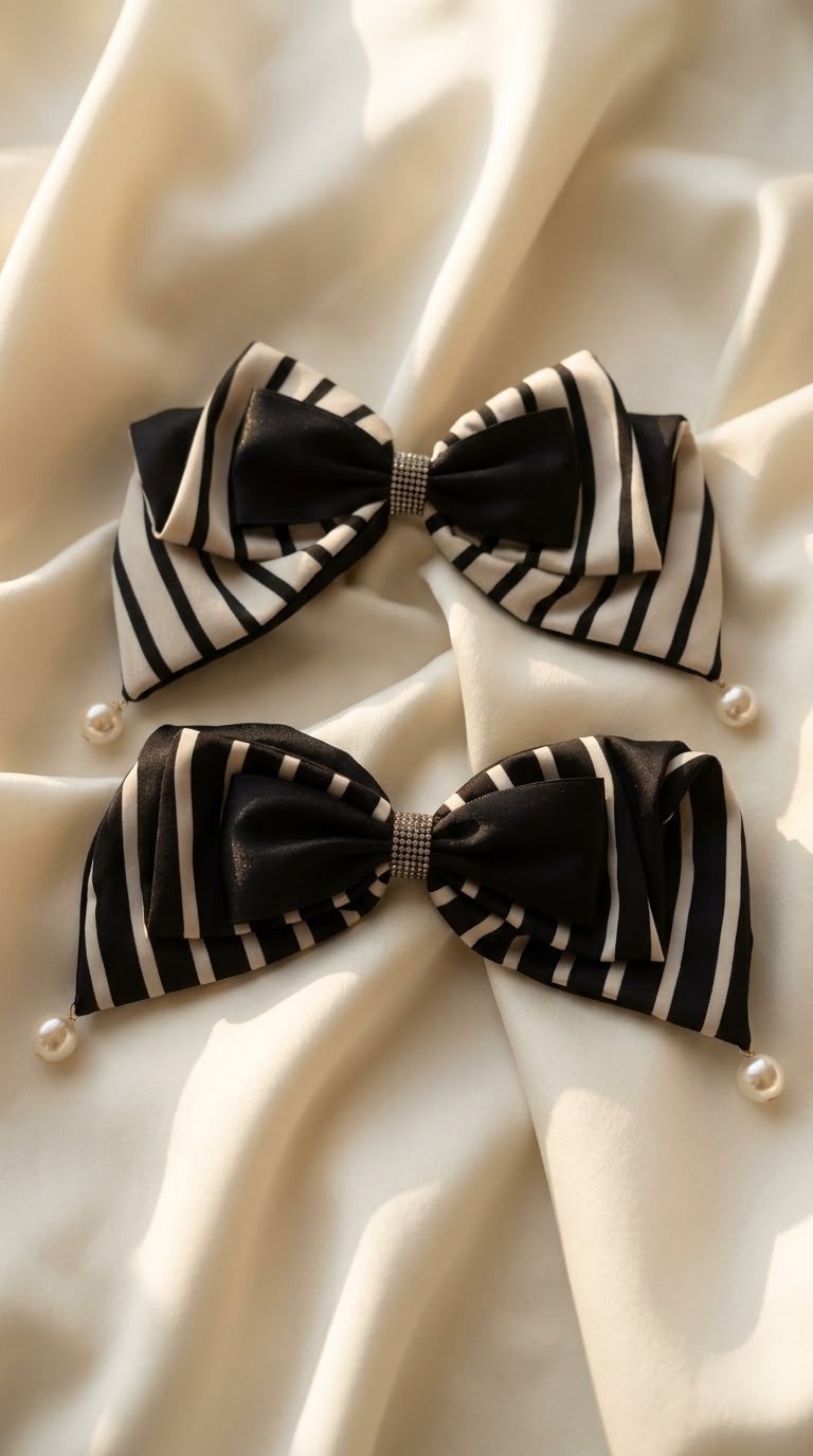 Striped satin bow clips with pearls